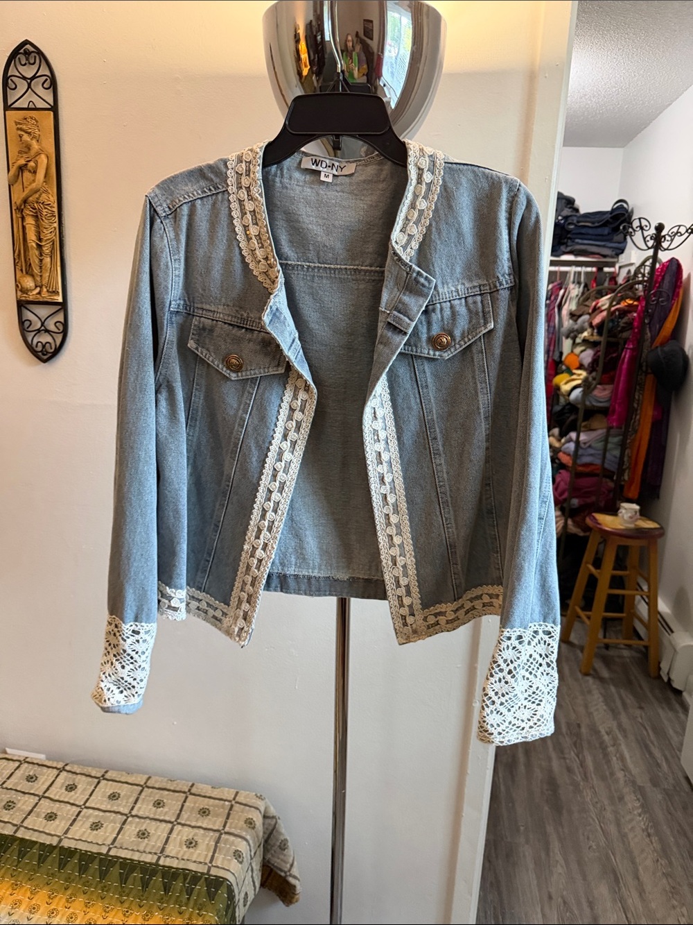 WD.NY Light Blue Denim Jacket with Cream Lace Trim